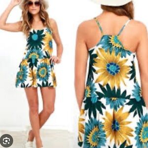 Sunflower-Print Spaghetti Strap One-Piece Romper - White/Yellow/Teal